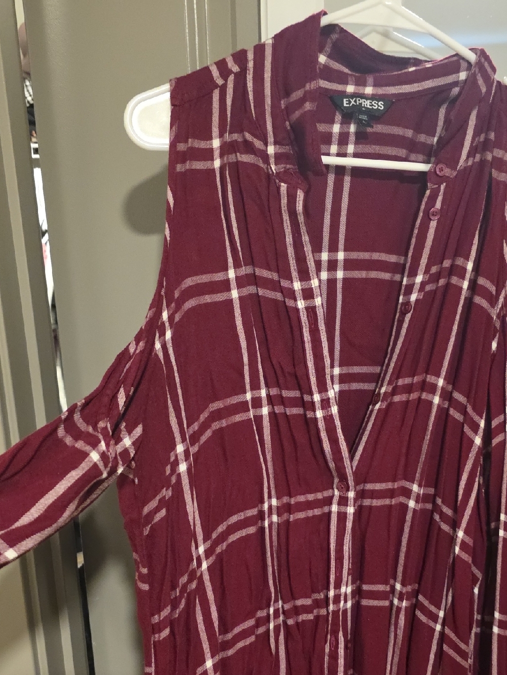 Express Burgundy and Cream Plaid Cold-Shoulder Tunic